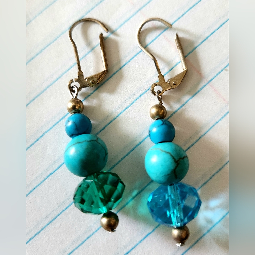 Turquoise and Gold Beaded Dangle Earrings